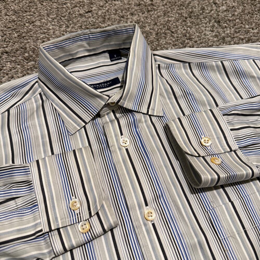 Burberry London Dress Shirt Mens S Blue Gray Stripe Cotton Made in USA